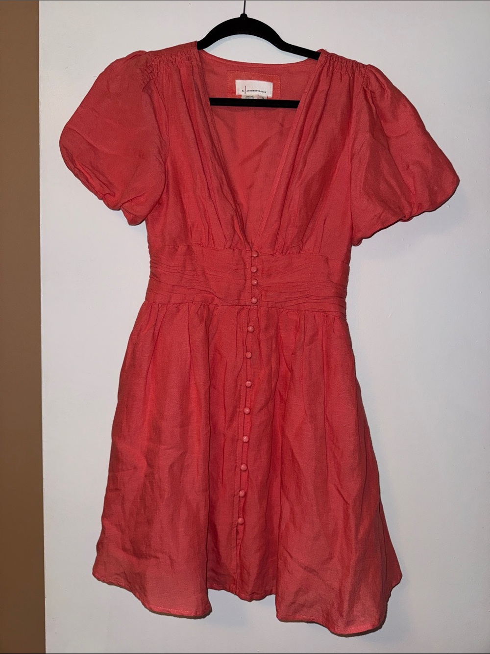 Anthropologie V-Neck Puff Sleeve Women's Dress in Coral
